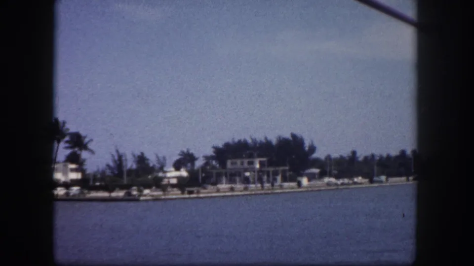 8mm footage circa 1960, Tampa Bay shoreline — low-rise waterfront structures, palm trees, and tropical vegetation viewed from a moving boat.