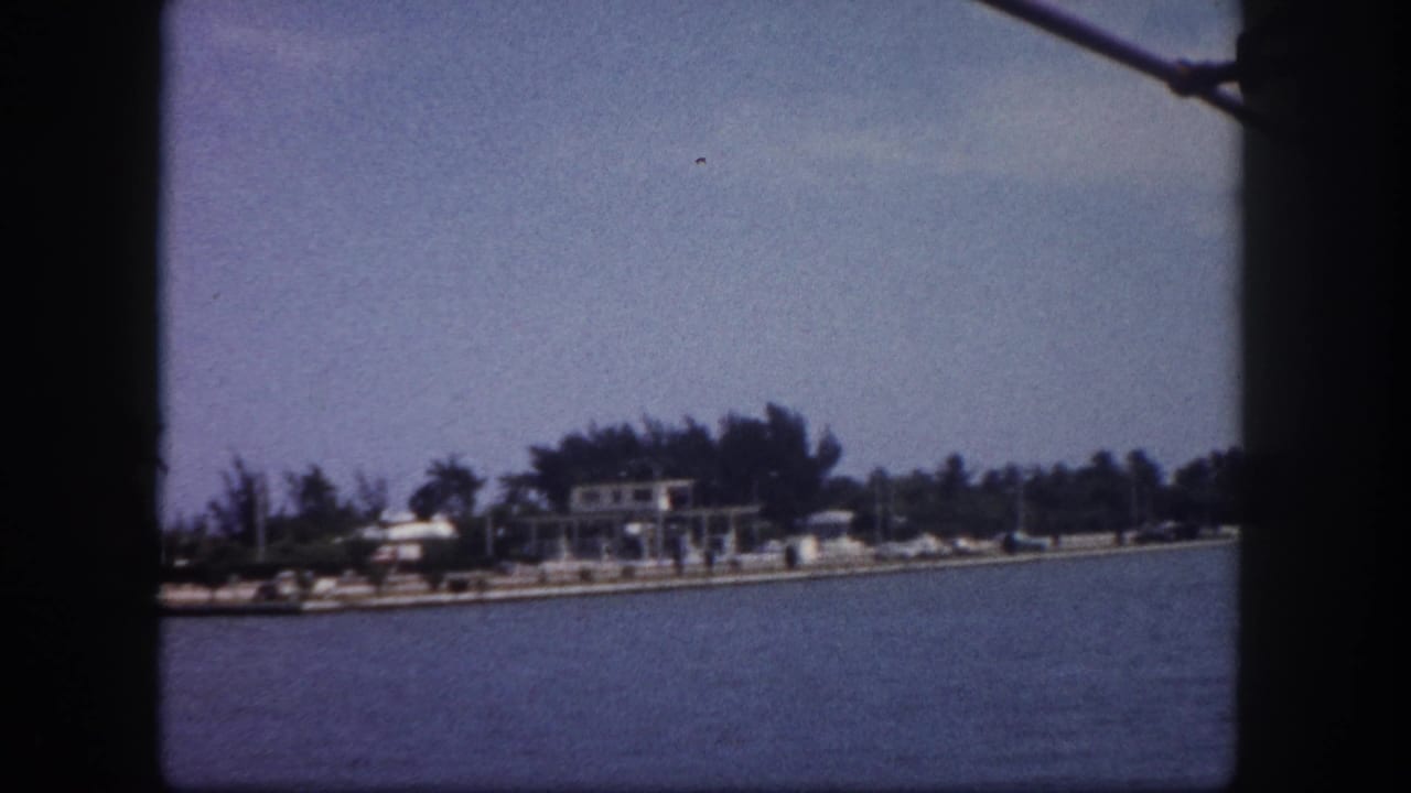 8mm home-movie frame circa 1960, Tampa Florida — boat-deck POV across calm bay water toward a palm-tree shoreline with low-rise waterfront structures.