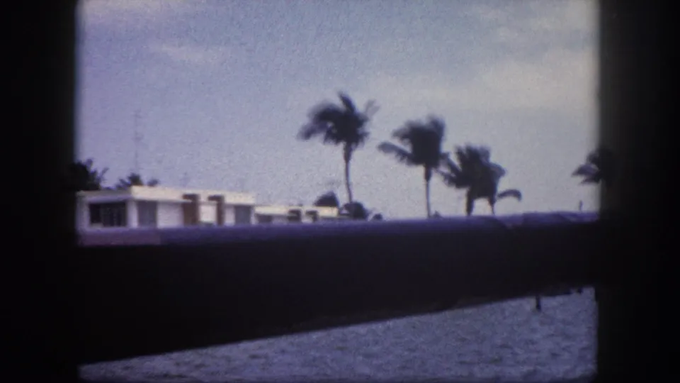 8mm home movie frame from Tampa, Florida, circa 1960: palm trees and a flat-roofed building along a sandy waterfront, shot through a boat railing.