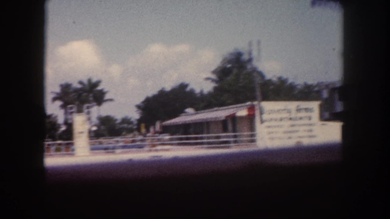 White waterfront commercial building with partially legible signage, palm trees, and dark 8mm border framing; Tampa, Florida, circa 1960.