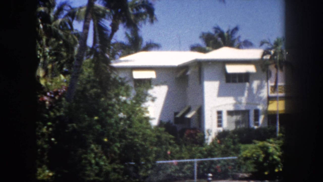 White multi-story stucco house surrounded by palm trees and tropical vegetation, viewed from a passing vehicle.