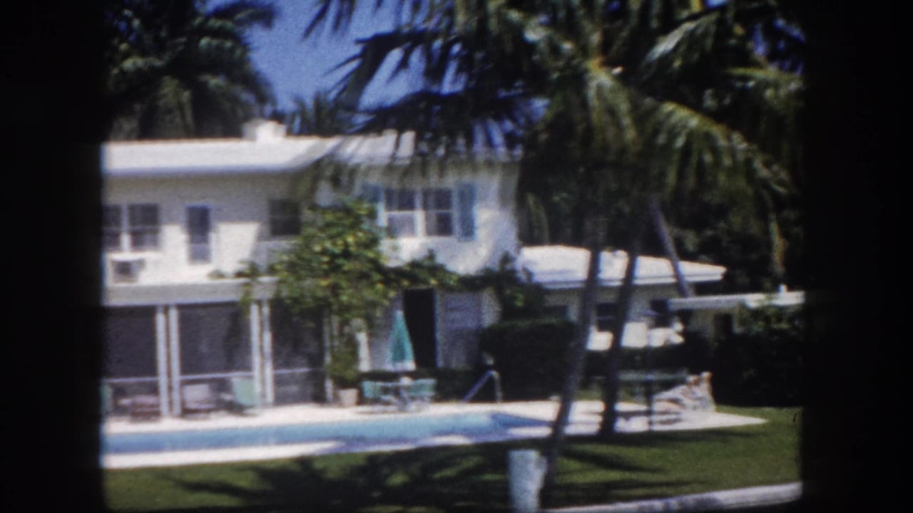 White stucco house with screened porch and blue in-ground swimming pool, framed by tall palm trees.