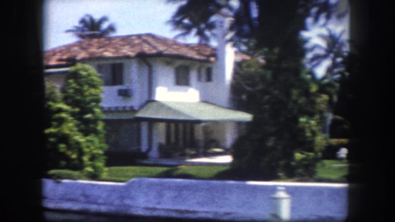 Two-story white stucco house seen from a canal, with green hip roof, palm trees, and manicured lawn.