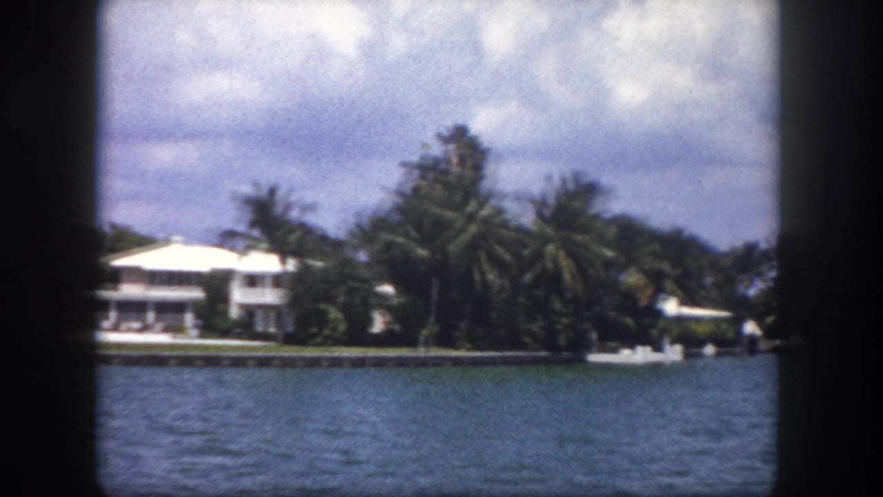 White two-story waterfront estate viewed from the water, framed by palm trees under a partly cloudy sky.