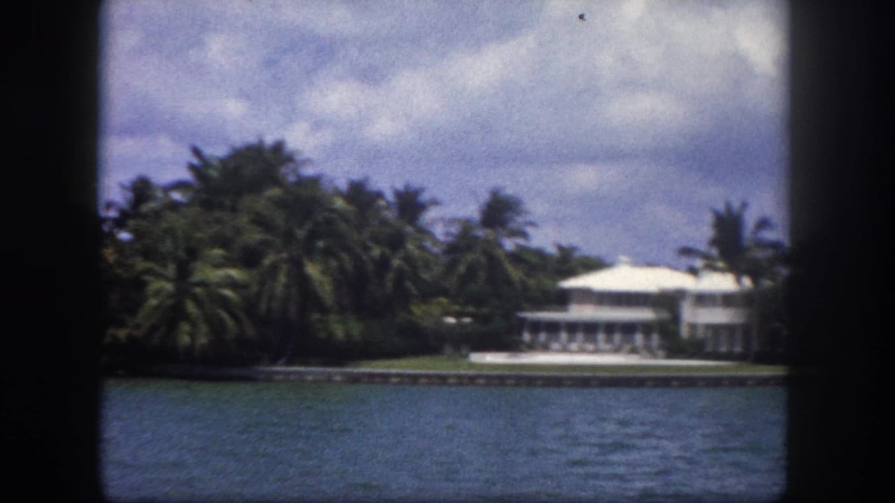 8mm footage circa 1960 Tampa, Florida: palm trees dominate the frame above a white waterfront structure viewed from a boat.
