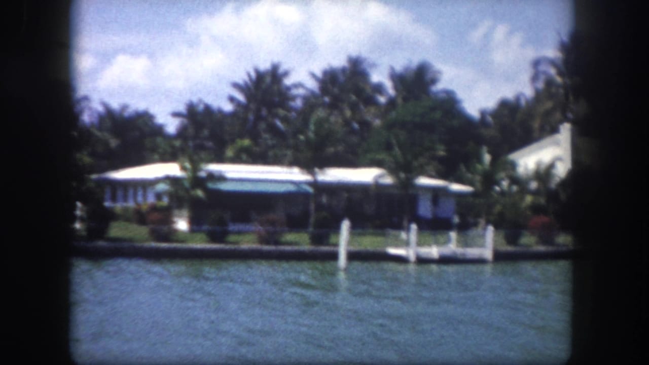 8mm home-movie frame circa 1960, Tampa, Florida — green canal with palm-lined waterfront bungalows and dock pilings visible across the water.