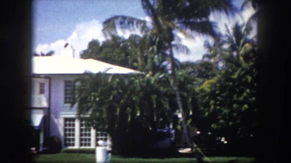 Mid-century white Florida waterfront residence with glass doors and dense palm-tree canopy; covered object near exterior, slightly overexposed 8mm frame, Tampa area, c.1960