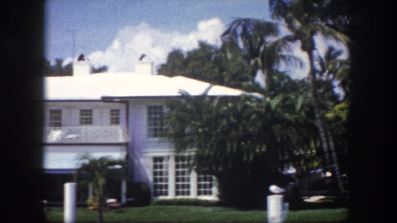 Large white two-story house with palm trees and manicured lawn, framed by a car window edge, 8mm film.