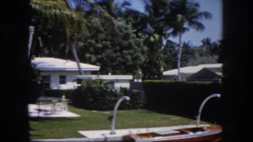 Tropical Florida property yard with dense hedges, palm trees, a curved metal garden post, and low white outbuildings, seen through a window, c. 1960.