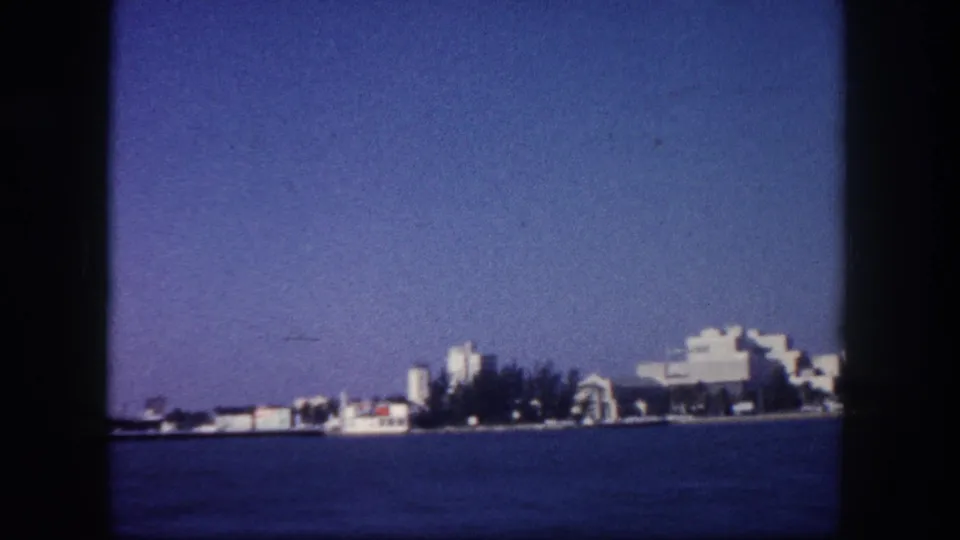 Waterfront shoreline with low-rise white buildings and palm trees, Tampa Bay area, circa 1960, photographed from aboard a moving boat.
