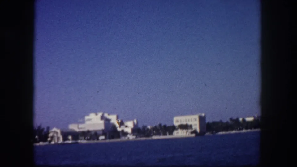 Shoreline with palm trees and low-rise white buildings, Tampa Bay area, circa 1960, shot from aboard a moving vessel.