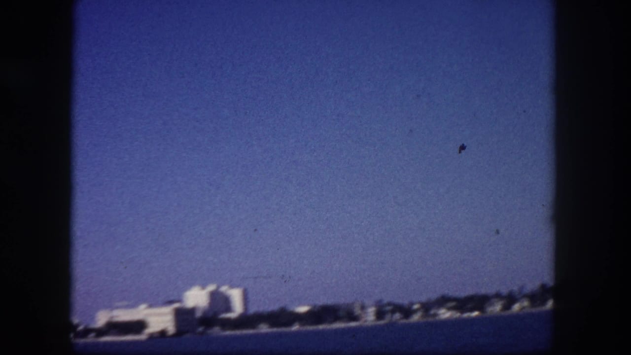 Calm bay water with a low coastal shoreline and white low-rise buildings under a clear blue sky, 8mm home movie.