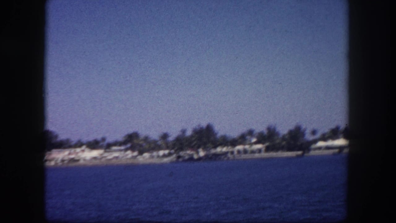8mm footage of a palm-lined Florida coastal community viewed from a boat, with low buildings and open water visible, circa 1960.