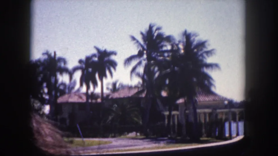 Tall palms and tile-roofed house viewed from the roadside with heavy edge vignetting characteristic of 8mm film; Tampa, Florida, circa 1960.