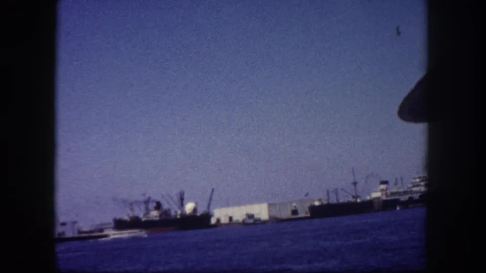 Mid-century cargo freighters moored at a Tampa, Florida waterfront, photographed on 8mm film circa 1960 with characteristic grain and blue-purple color shift.