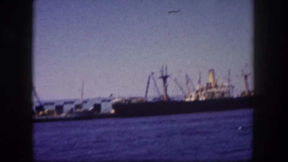 Wide shot of Tampa port, circa 1960, showing cargo vessels with multiple derricks, blue-purple 8mm color cast, possible aircraft or bird in sky.