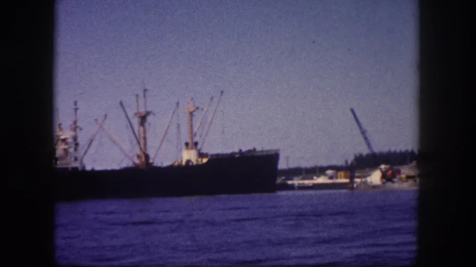 Cargo ships and boom-derrick cranes at Tampa commercial port pier, circa 1960, with clear harbor water in the foreground.