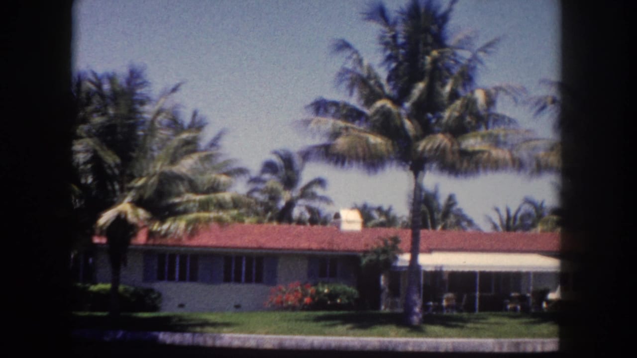 Single-story ranch house with red tile roof and tall coconut palms seen from the water, Tampa Florida, circa 1960.