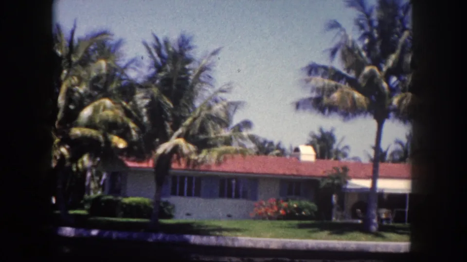 Mid-century single-story home with red tile roof and large picture windows, partially screened by mature coconut palms, viewed from a boat on a Tampa waterfront canal, circa 1960.