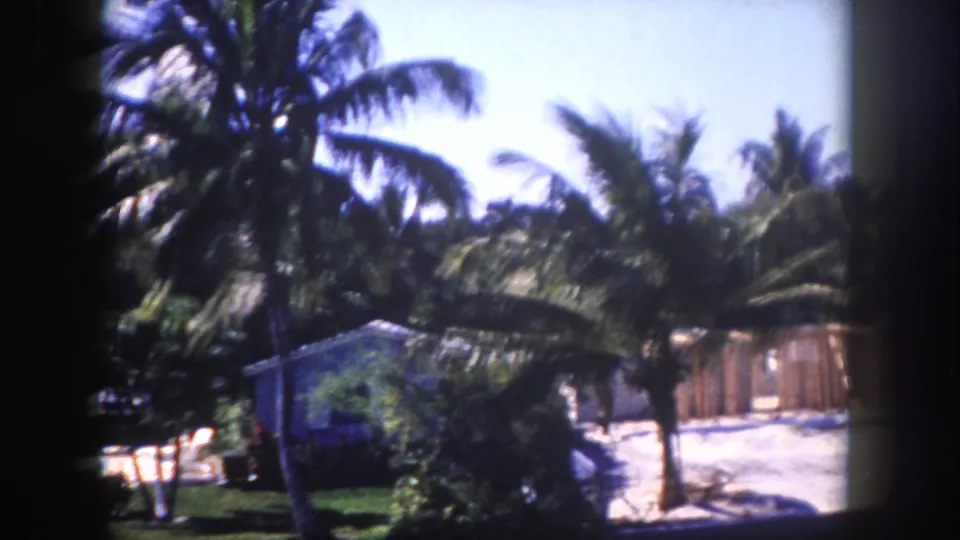8mm home movie, c.1960, Tampa, Florida: panning shot across backyard showing palms, open lawn, and an outbuilding; pool furniture visible at lower left.