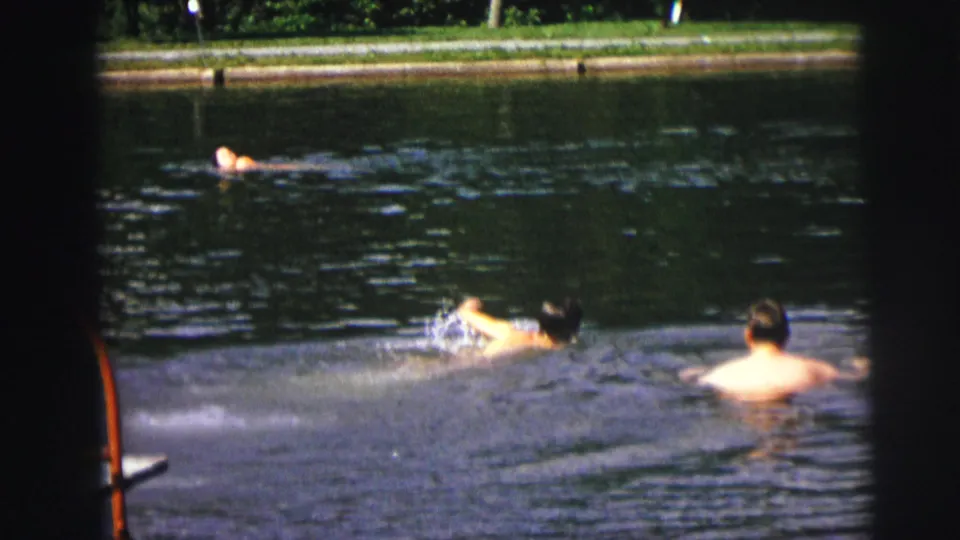 Swimmer seen from behind in outdoor pool, green lawn strip and deciduous trees along far bank, c.1976 8mm home movie, Lynbrook New York.