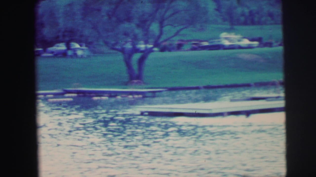 Wide lake view with calm rippled water, a wooden dock extending from the left shore, parked cars and a bare tree on the far grassy shoreline.