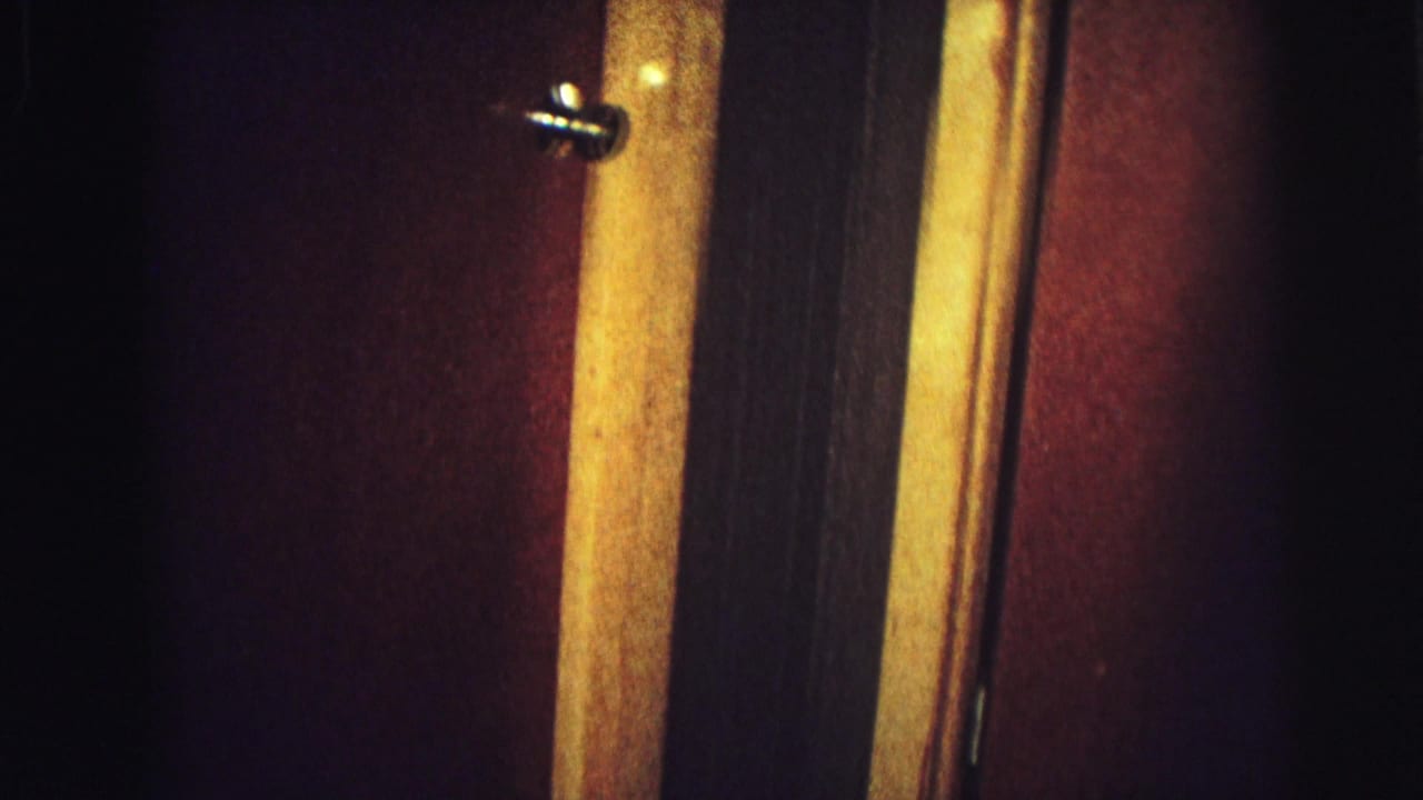 Dark wood door frames against a deep red wall, dimly lit interior, two metal hinges visible on each door.
