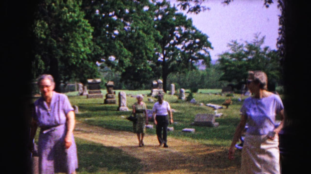 Group of adults walking along a cemetery path toward the camera, gravestones and trees in background, sunny day.