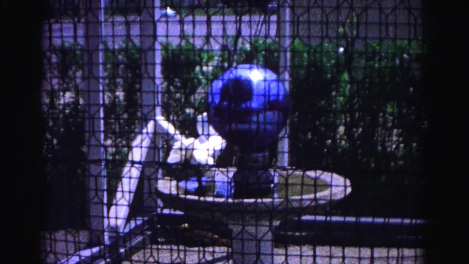 Blue ornamental globe fountain on white pedestal basin viewed through wire mesh enclosure, 8mm home movie, Hagerstown Maryland, 1963