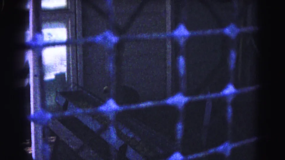 8mm home movie frame circa 1963, Hagerstown, Maryland — wire mesh foreground, blue prismatic film artifacts, and a dimly lit interior staircase barely visible.