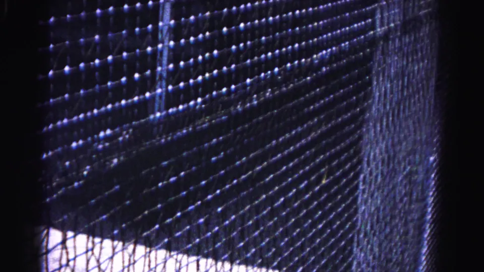 8mm home movie frame from 1963 showing a static shot through a fine mesh screen; backlit window or doorway visible at right edge.