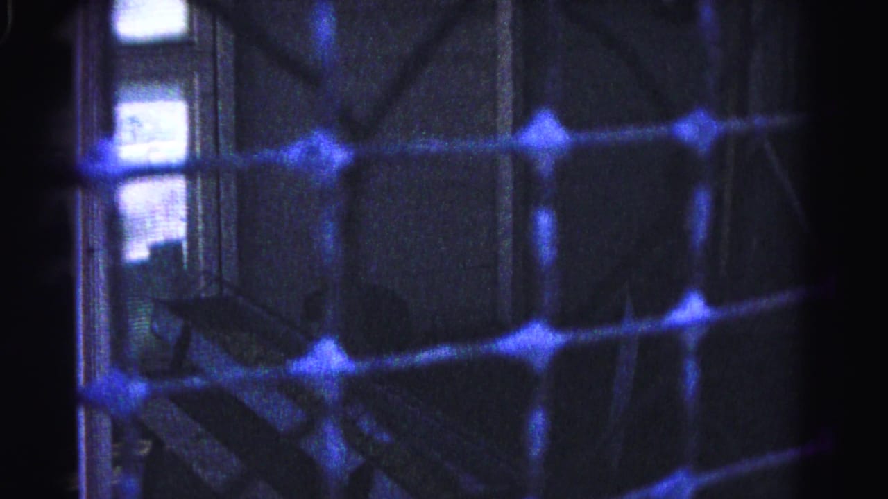 View through a heavy blue-tinted diamond-pattern mesh; a window frame and backlight are visible at right.