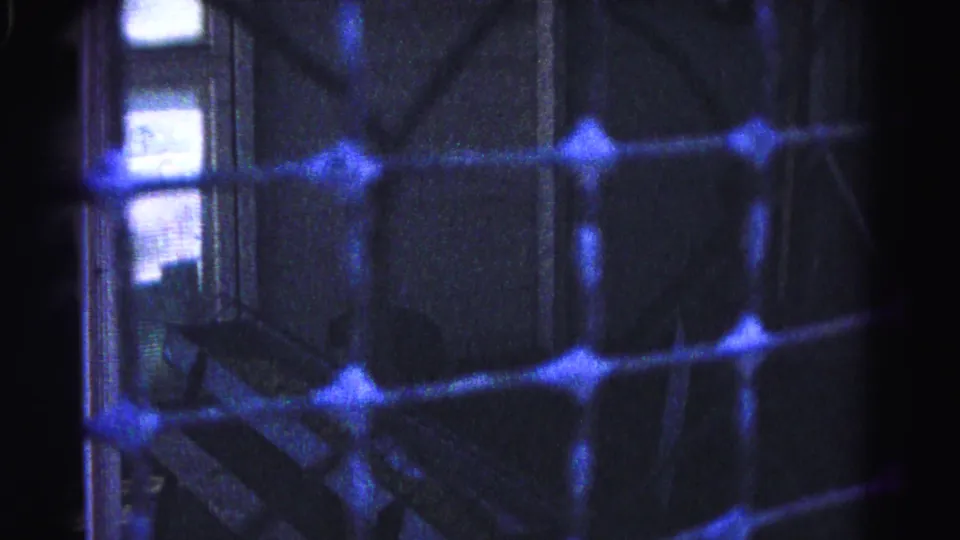 8mm home movie frame from 1963 showing a diamond-pattern wire mesh with strong blue cast; backlit window frame visible at right.