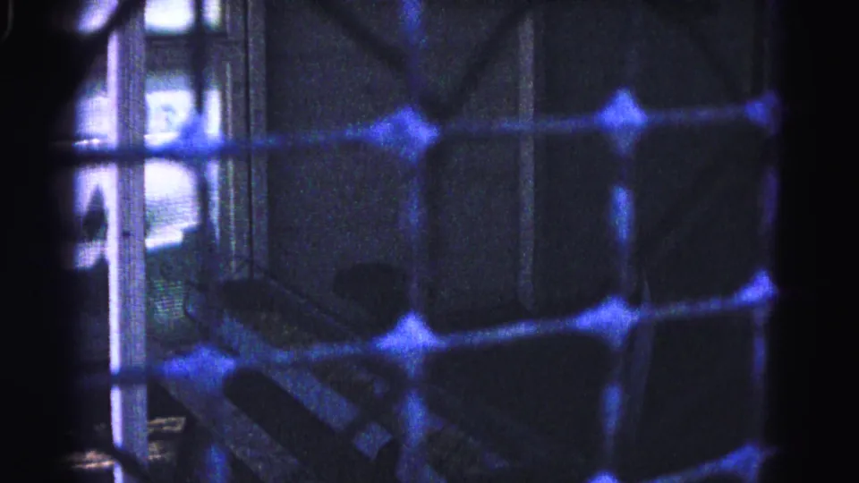 8mm home movie frame from 1963 showing blue-tinted diamond mesh with backlit window opening visible at left edge.