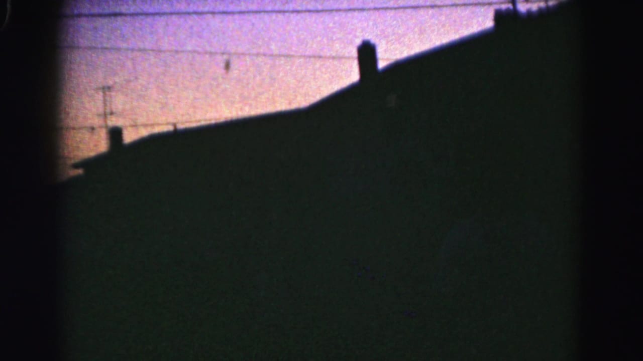 Dark sloping roofline, chimney, and wires against twilight sky.
