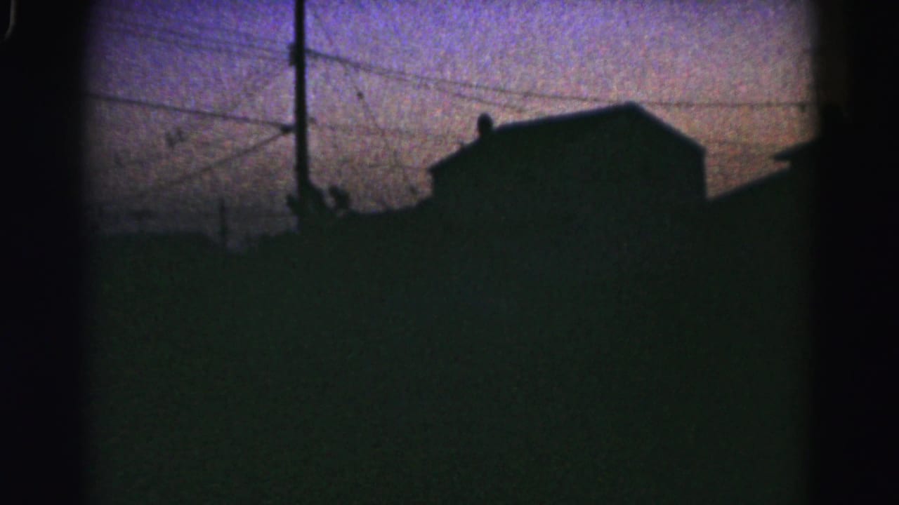 Dark house and utility pole silhouettes against a purple dusk sky.
