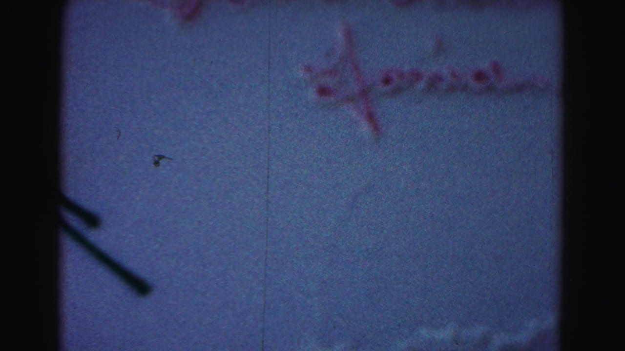 1963 Hagerstown home-movie frame showing a white frosted birthday cake with red icing writing and a small yellow decoration in soft focus.