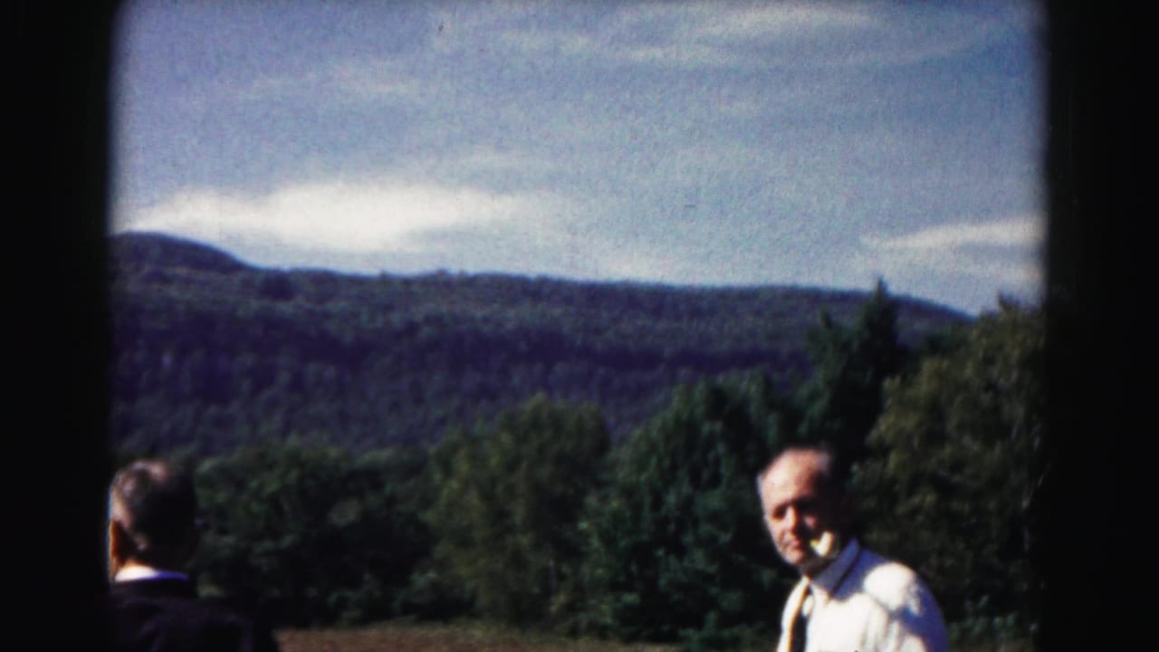 Man in white shirt and tie standing in a grassy field with mountains and trees behind him.