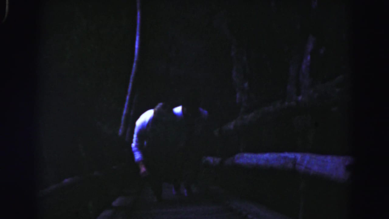 1963 Hagerstown 8mm frame showing a person partly obscured while moving near a dark stairway or basement-like passage.