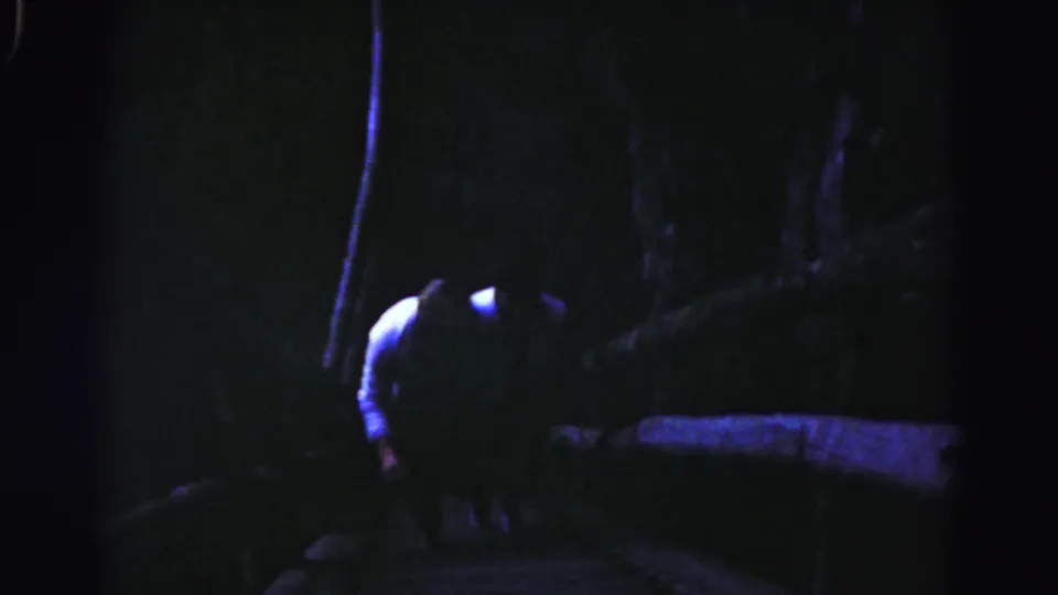 1963 Hagerstown 8mm frame showing a person partly obscured while moving near a dark stairway or basement-like passage.