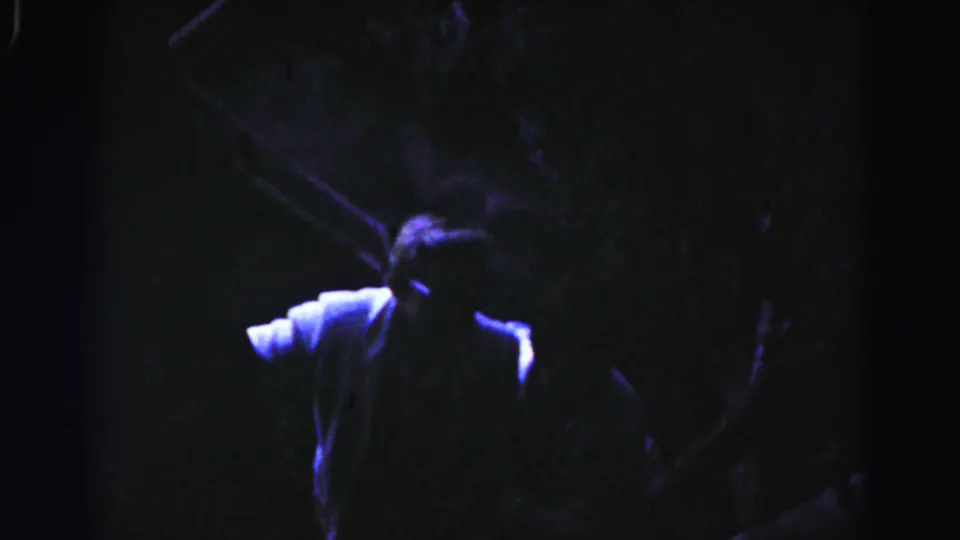 Dark blue-tinted 1963 home-movie frame from Hagerstown showing a person partly hidden while moving through a stairwell-like space.