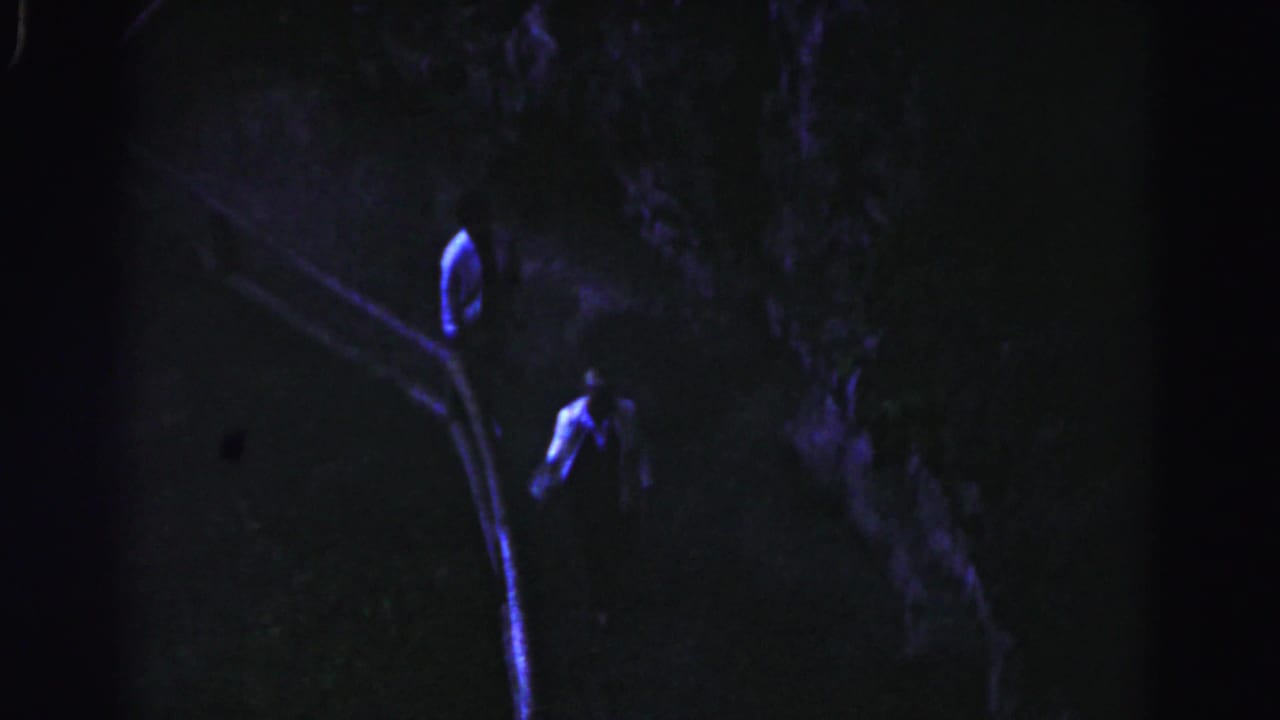A man in a light shirt climbs dark outdoor steps among trees at night.