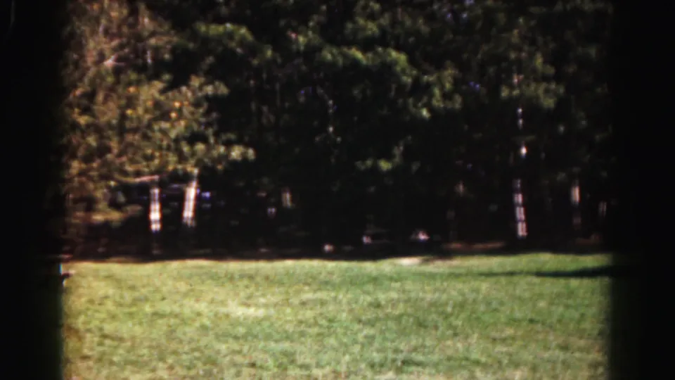 1963 Hagerstown home-movie frame showing a wider stretch of park lawn backed by shaded woods.