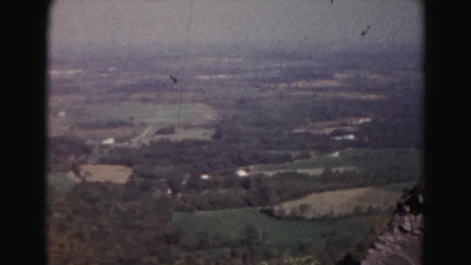From above the Hagerstown area, the frame shows green fields, wooded patches, roads, and small rural structures.