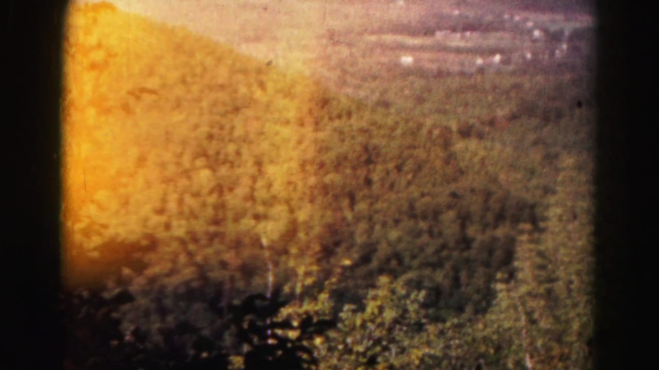 Warm 8mm frame of a wooded slope and distant valley near Hagerstown, partly obscured by yellow exposure flare.