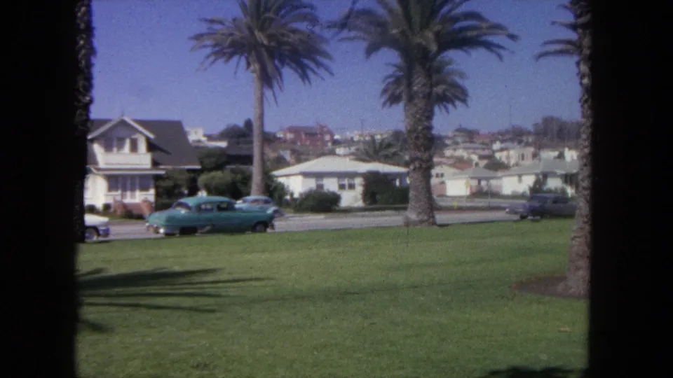 1962 Tijuana residential view with palm trunks, houses, lawn, and a turquoise vintage car near the street.