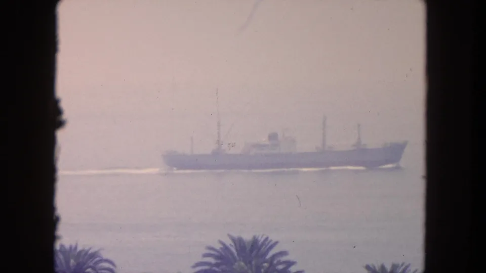 Faded 8mm footage shows a cargo ship on calm coastal water, with palm fronds along the lower edge.