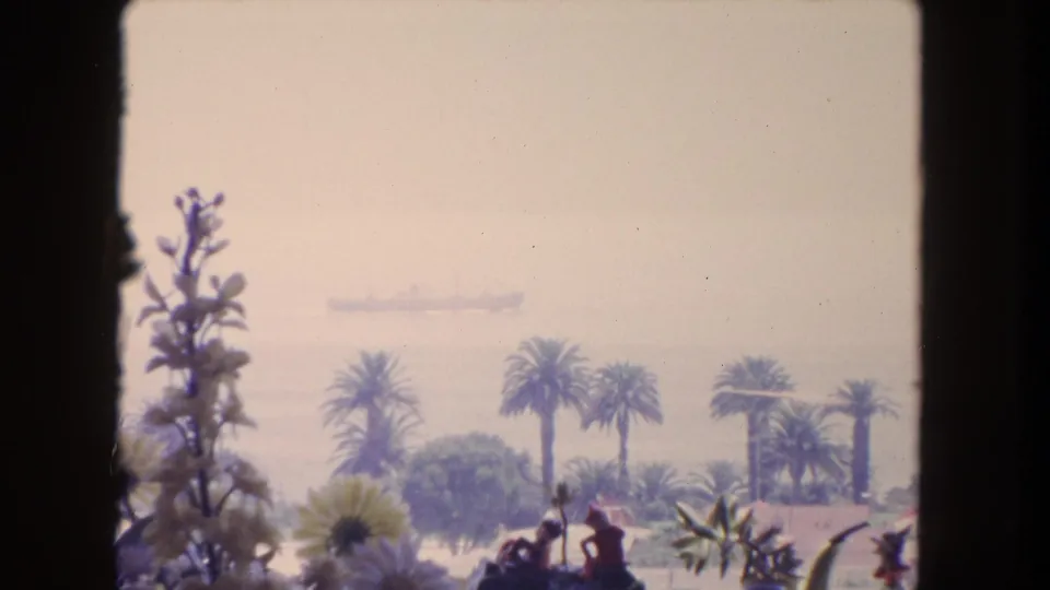 1962 8mm travel view near Tijuana, with dark window framing, palms, foreground vegetation, and a faint ship at sea.