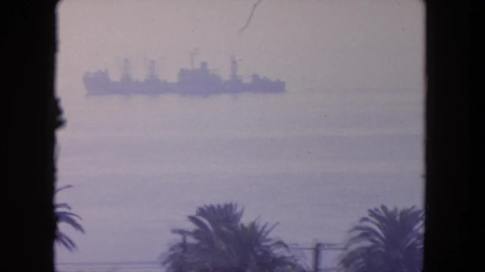 Hazy 1962 coastal Tijuana frame with a large offshore ship silhouetted beyond palm crowns and a utility pole near the shore.