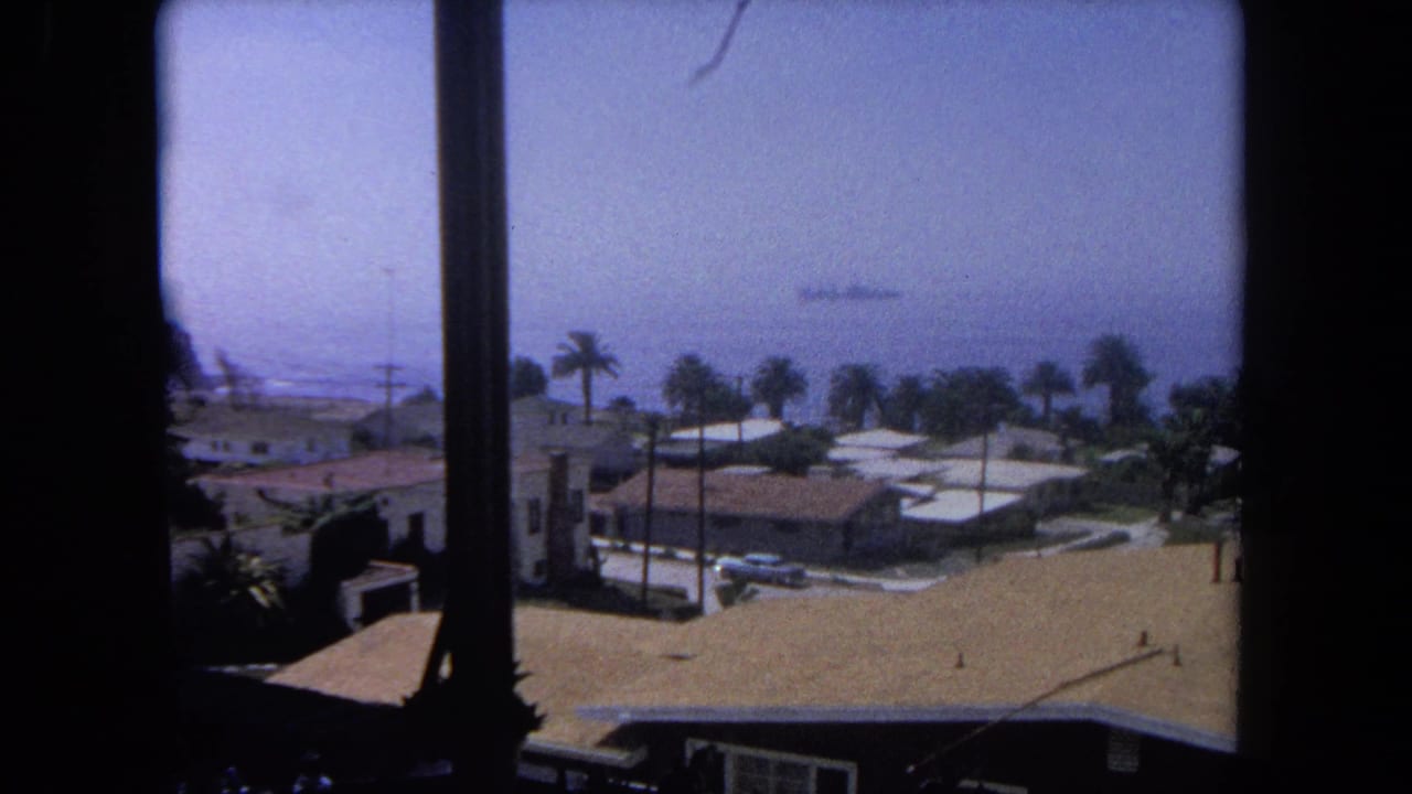 Coastal neighborhood seen through a dark window frame with rooftops, palms, ocean haze, and a ship offshore.